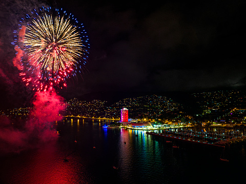 Fireworks over Wrest Point Casino in Tasmania from the air to celebrate 50th birthday