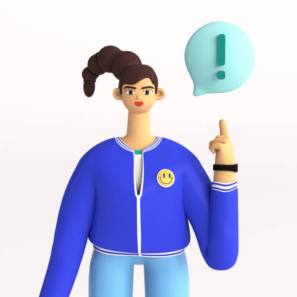 istock Woman finding solution, businessman and female character with exclamation mark in bubble icon. 3d render illustration on white background. 1466897633