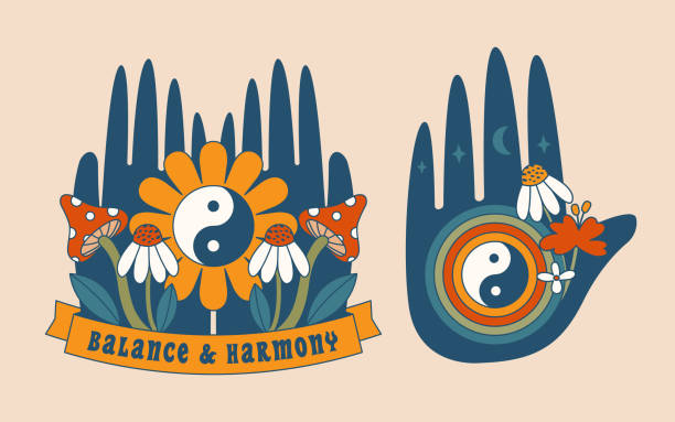 Set of abstract esoteric clip arts with hands, yin yang, flowers, plants, amanita, text "Balance and Harmony". Flat retro design. Psychedelic groovy art. Celestial illustrations for poster, sticker. Set of abstract esoteric clip arts with hands, yin yang, flowers, plants, amanita, text "Balance and Harmony". Flat retro design. Psychedelic groovy art. Celestial illustrations for poster, sticker. yin-yang-clip-art stock illustrations