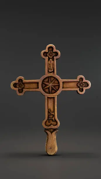 Wooden carved Cross of tailors guild in kety. Christianity. 3d Rendering, single object