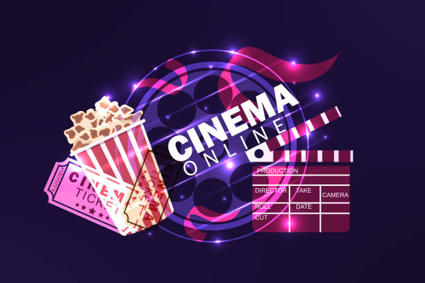 illustrazioni stock, clip art, cartoni animati e icone di tendenza di cinema poster colorato con popcorn, un biglietto e batacchio - movie time