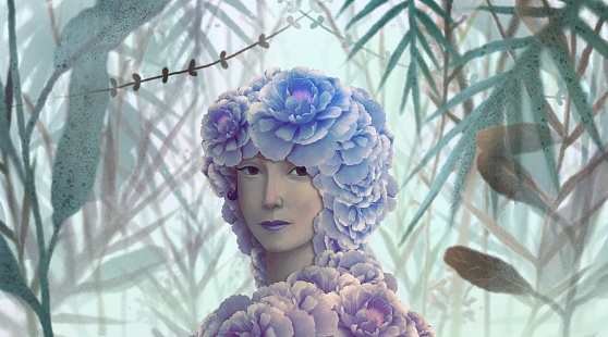 Woman, flowers, leaf, nature. Painting illustration. surreal art. A girl in a fantasy garden.  conceptual artwork.