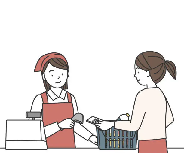 Vector illustration of Supermarket cashier scanning smart phone to accept payment