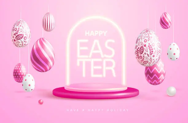 Vector illustration of Happy Easter holiday background with pink easter eggs and neon frame. Greeting card or poster. Vector illustration