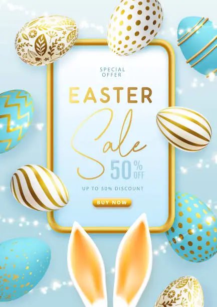 Vector illustration of Happy Easter typography big sale poster with blue easter eggs and rabbit ears. Greeting card or poster. Vector illustration