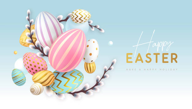 ilustrações de stock, clip art, desenhos animados e ícones de happy easter holiday background with colorful  easter eggs and willow branches. greeting card or poster. vector illustration - may floral pattern spring april