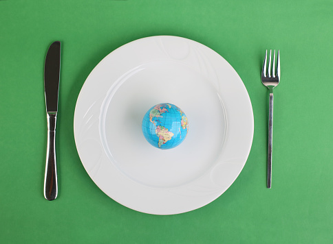 Earth served on plate with fork and knife. Environmental Concept.