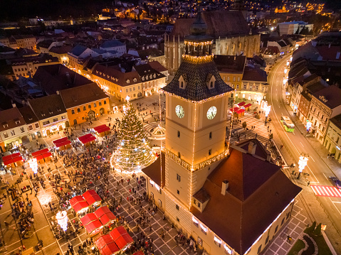 High angle view of Brasov city Center with Christmas Decorations, Romania