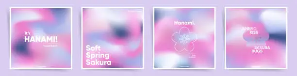 Vector illustration of Set of Hanami Spring square post backgrounds. Cute gradient Japanese Spring art design. Post templates, cards or poster covers, social media posts with fashion gradients. Sakura wave layout set.