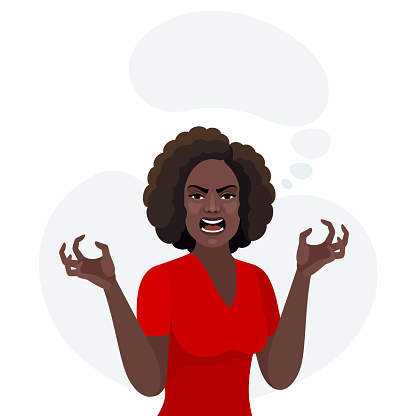 Angry African American Woman yelling with aggressive expression and arms raised. Frustration concept.