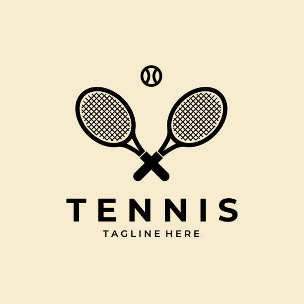 ilustrações, clipart, desenhos animados e ícones de raquetes de tênis cruzadas e design de silhueta de bola - tennis court indoors net