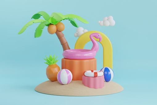 Summer vacation. colorful summer beach elements. Flamingo inflatable toy, watermelon, palm trees, shell, ball beach. 3d illustration