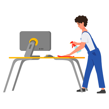 Male cleaner wipe dust on desk with computer use mop spray detergent isometric vector illustration. Professional janitor in uniform working at home office staff maid job commercial cleaning service