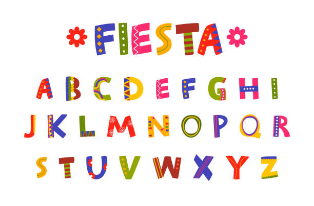Fiesta font abc English letters Mexican traditional colored ornate vector flat illustration vector art illustration