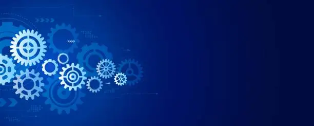 Vector illustration of Gears of different type and size on a blue background. Abstract vector illustration.