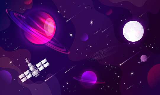 Picture of the Universe including satellite, moon, Saturn, asteroid rain, outer space exploration, comets, milky way, stars and planets. Vector graphic illustration. Dark violet background.