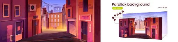 Vector illustration of Empty city backstreet with shop and coffee house