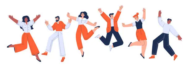 Vector illustration of Happy office employees jump with raised arms