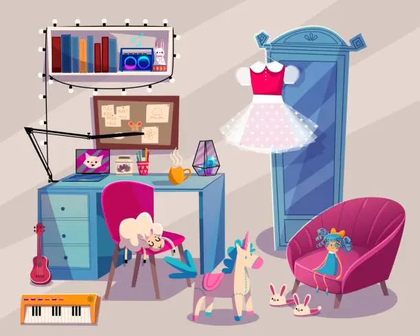 Vector illustration of Girl room interior with wardrobe, chair and table