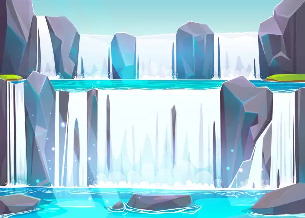 Vector illustration of Summer landscape with cascade waterfall on rocks