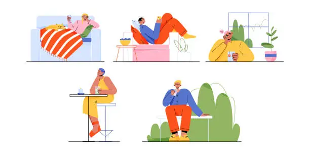 Vector illustration of People drink, relax at home, bar and outdoors