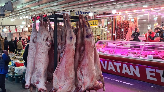 Istanbul, Türkiye – January 15, 2023: A butchery shop in the commercial Refah Street in Fatih, Istanbul, Turkey.