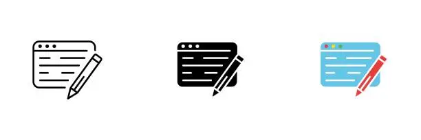 Vector illustration of Website icon with a pencil. Remote work, rewriting, copywriting, online information. Vector set of icons in line, black and colorful styles isolated on white background.