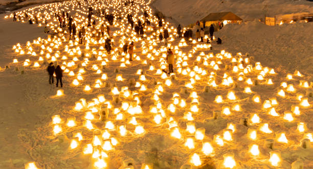 Akita snow lanterns winter festival stock photo