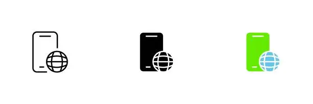 Vector illustration of Phone icon with planet. Global network, satellite and cellular communication. Vector set of icons in line, black and colorful styles isolated on white background.