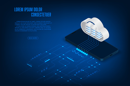 Vector isometric smartphone cloud storage concept. Technology abstract background.