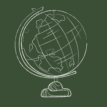 Earth globe model imitation drawn on green chalk board,outline vector illustration.Icon,print,label,logo depin template.Education equipment concept.School Globe Doodle Sketch