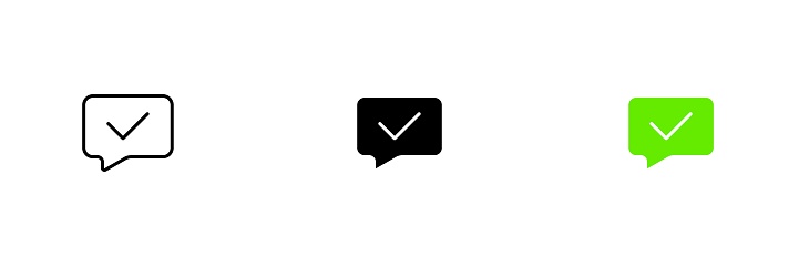 Message icon with check mark. Verified account, proof, confirmation. Vector set of icons in line, black and colorful styles isolated on white background.