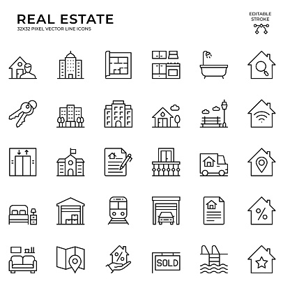 Black color, 32x32, pixel perfect, Editable Stroke. This icon set consists of Real Estate, Floor Plan, Keys, Apartment, Public Park, Townhouse, Kitchen, Elevator, Moving Truck, Loan Contract, Balcony, Garage, Mortgage, Real Estate Agent and so on icons.