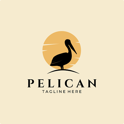 pelican bird silhouette logo vintage with sun background vector illustration design