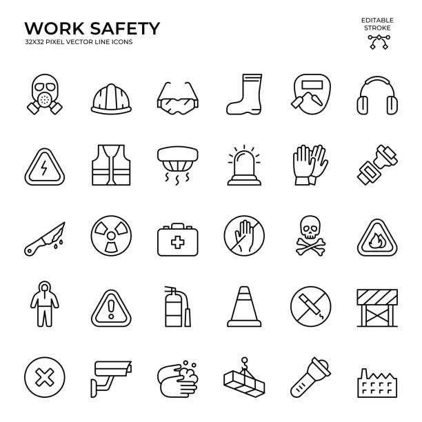 Editable Stroke Vector Icon Set of Work Safety Black color, 32x32, pixel perfect, Editable Stroke. This icon set consists of Work Safety, Protective Mask, Work Helmet, Protective Glass, Hazard Sign, Radioactive Sign, Gloves, Protective Bodysuit, Danger Sign and so on icons. waistcoat stock illustrations