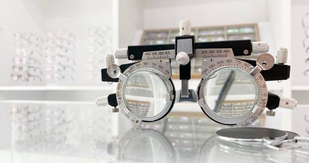 istock Optometrist trial frame for eye test in optical shop, trial frame with blur optical shop background, Trial frames, eye equipment 1466937470