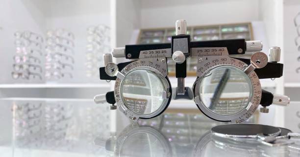 istock Optometrist trial frame for eye test in optical shop, trial frame with blur optical shop background, Trial frames, eye equipment 1466937471