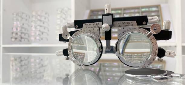 istock Optometrist trial frame for eye test in optical shop, trial frame with blur optical shop background, Trial frames, eye equipment 1466937481