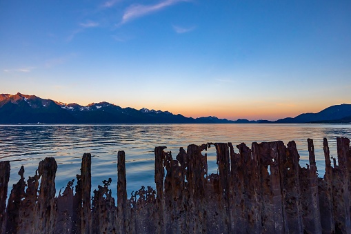 Bay Landscape in Seward, Alaska with a Rusted Retaining Wall in Foreground