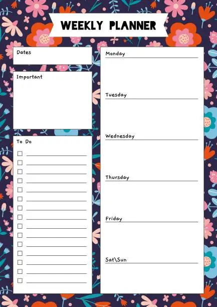 Vector illustration of Cute weekly planner template, to do list, with spring vibe and flower pattern, cartoon style. Printable A4 paper for bullet journal page. Trendy modern vector illustration, hand drawn, flat