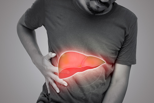 The illustration of liver is on the man's body against gray background. A men with hepatitis and fatty liver problem.