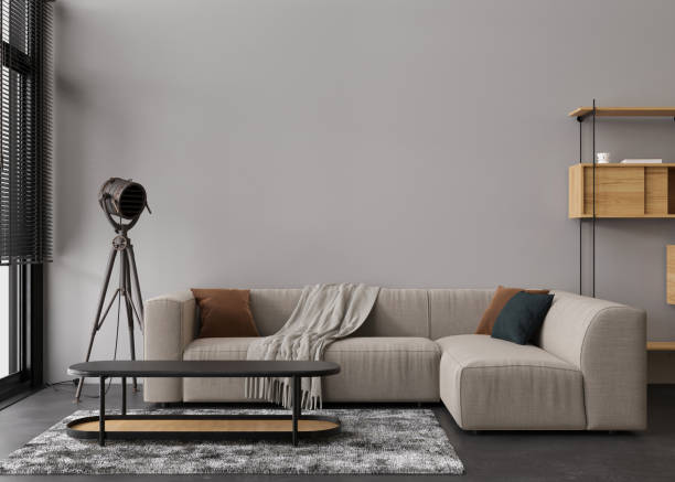 istock Interior mock up, loft style. Empty wall in modern living room. Copy space for your artwork, picture, poster. Industrial style interior design. Apartment or hotel room. 3D rendering. 1466946452