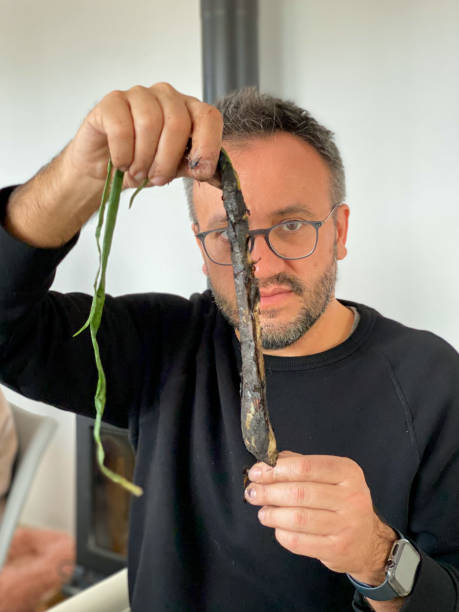 man willing to peel and eat a ‘calçot’, a kind of roasted spring onion or scallion - fine dining grilled spring onion healthy lifestyle imagens e fotografias de stock