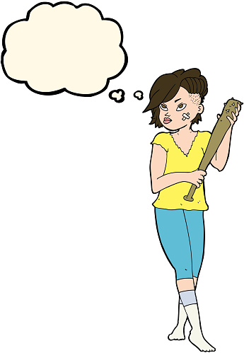 cartoon pretty punk girl with baseball bat with thought bubble