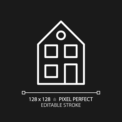 Two story house pixel perfect white linear icon for dark theme. Detached building for one family. Real estate selling. Thin line illustration. Isolated symbol for night mode. Editable stroke
