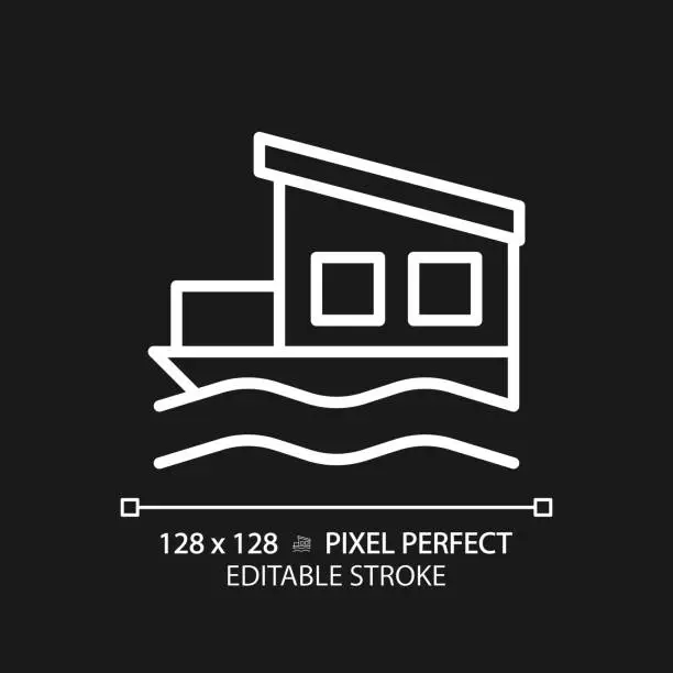 Vector illustration of Houseboat pixel perfect white linear icon for dark theme