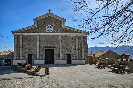 A closeup of the facade of the church of Rocca Cilento, a medieval village in Italy