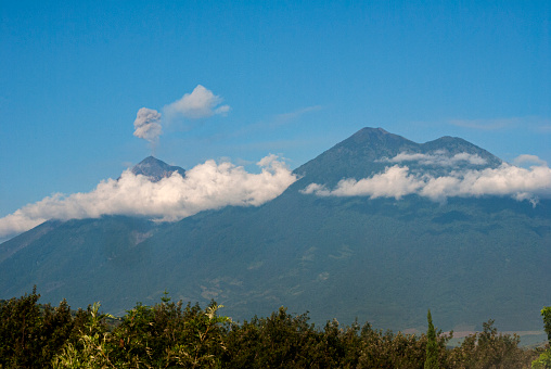 Panoramic view of crater volcan active in Guatemala called Fuego, active volcanic chain, destruction and natural catastrophe
