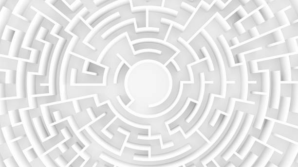 istock 3d rendering circular maze in top view on white background. 1466957926