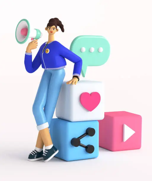 Photo of Cute  young woman is annoucing and speaking on social media. Advertising and PR concept image. Female character holding and talking on megaphone. 3d render illustration.